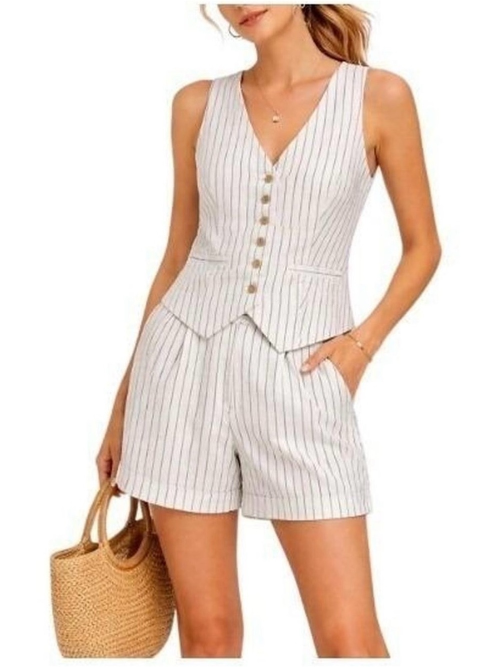 a new day women’s button front pinstripe linen blend vest tank